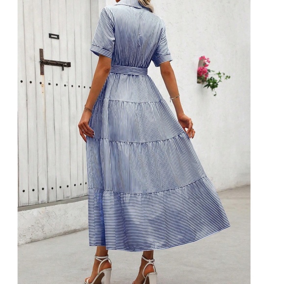 Boho Striped Butto Belted Short Sleeve Ruffle Hem Shirt dress - Picture 5 of 5